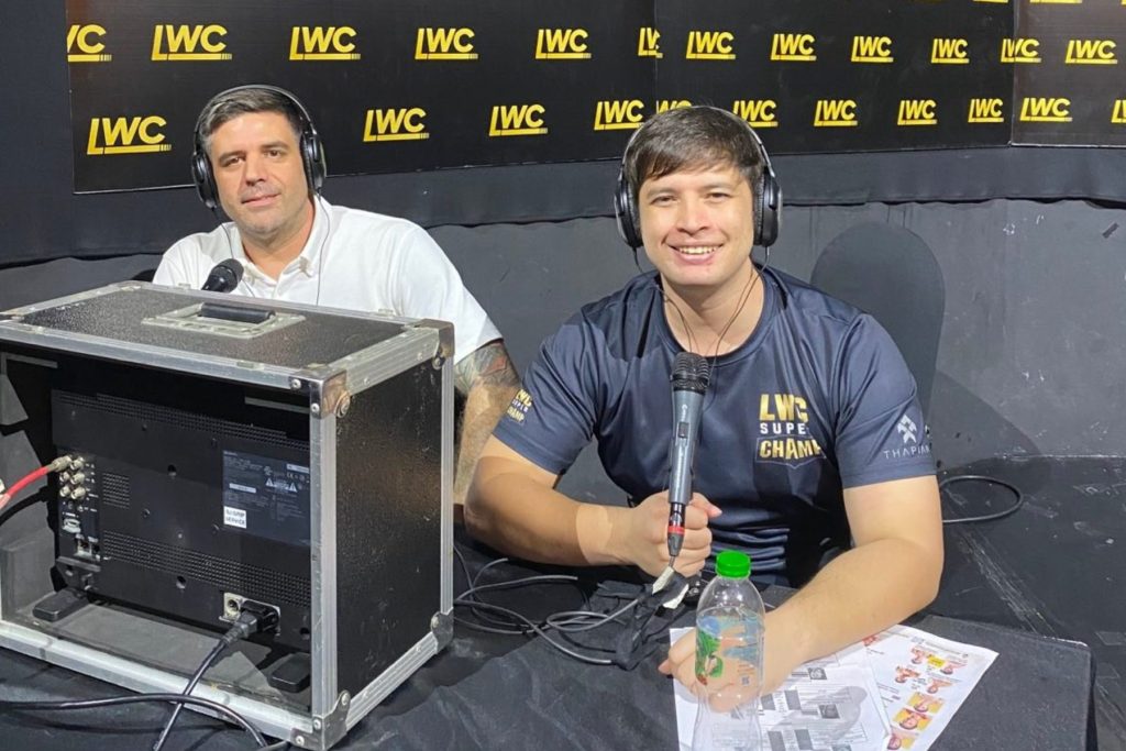 Kevin Amlid and John Wolcott calling the action for LWC Super Champ at Lumpinee Stadium.