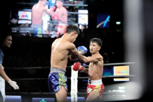 Two fighters engage at Rajadamnern Stadium